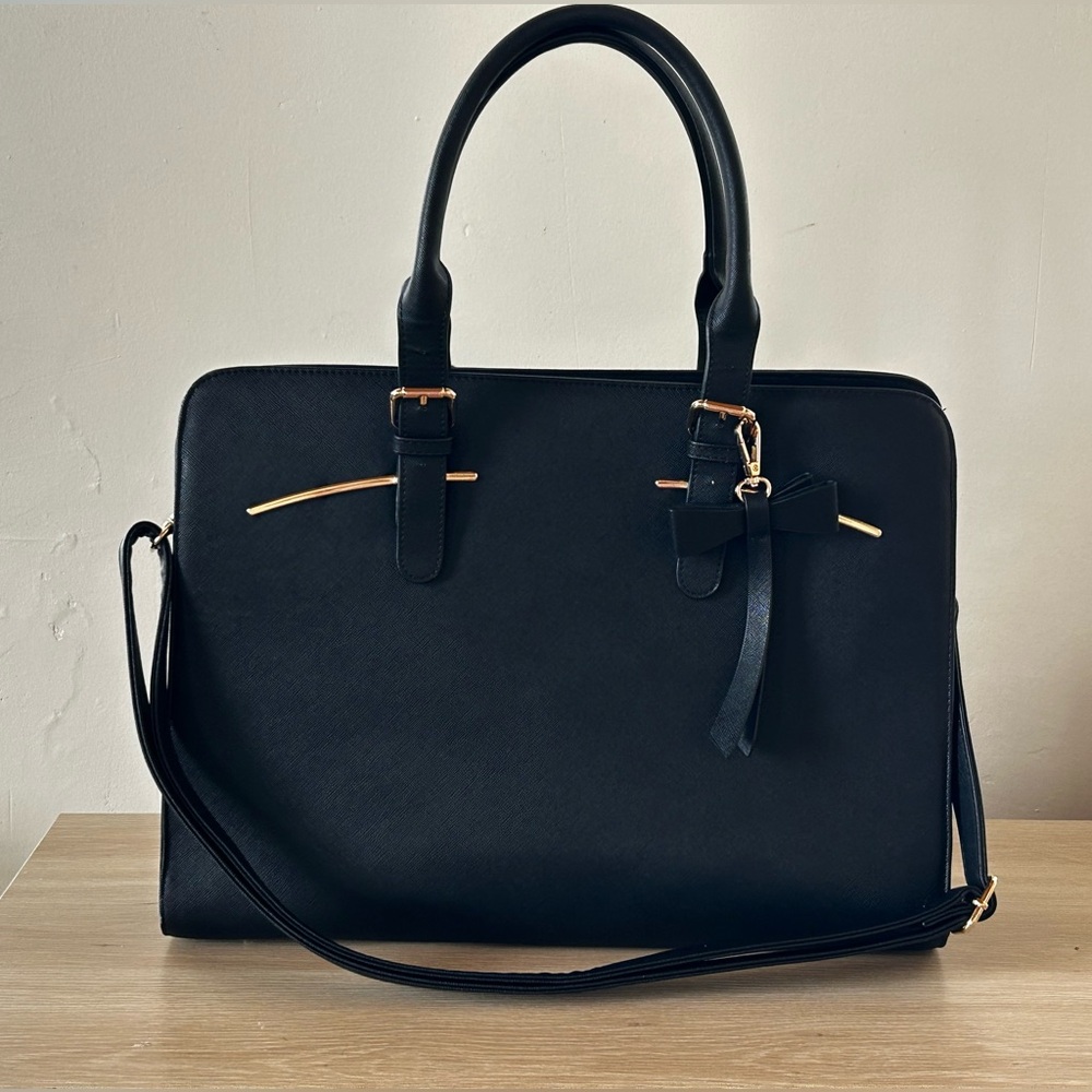 Black Satchel Handbag with Gold Accents and charger port by Matein